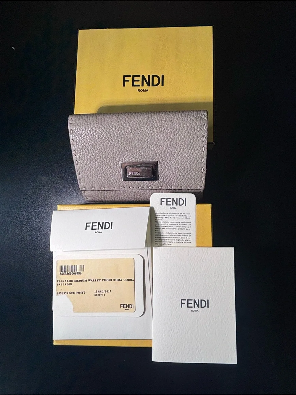 Fendi Medium Peekaboo Leather Bi-fold Wallet Gray/Tan WITH BOX Selleria